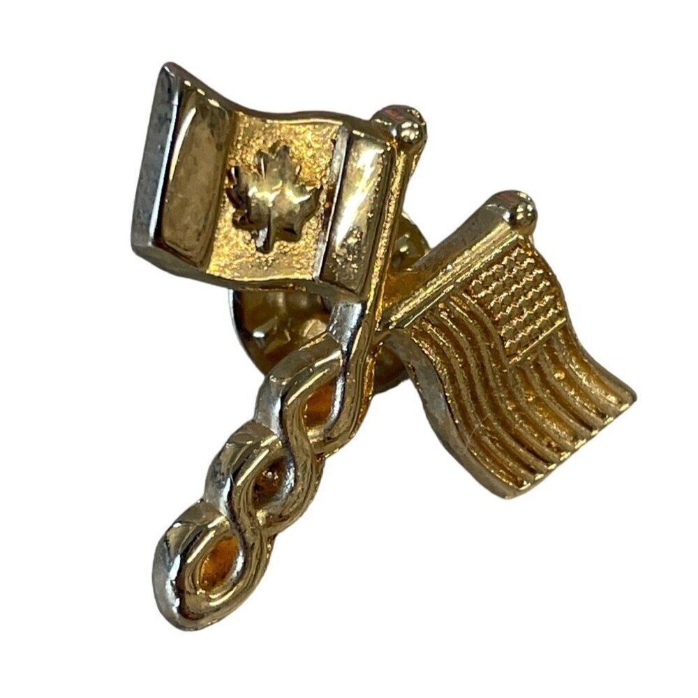 Canada American Flag Intertwined Tie Lapel Pinback Goldtone Vintage